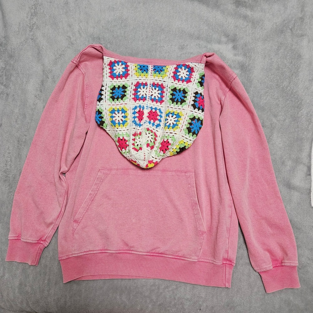 Boho Pink JK Acid Wash Oversized Hoodie Colorful Crochet Granny Square Hood NWT - Picture 3 of 10